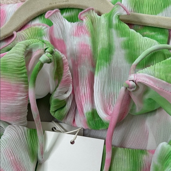 NWT Ganni Pleated Georgette Mini Dress Green Pink Floral Size 34/2 Wedding Guest - Picture 12 of 13